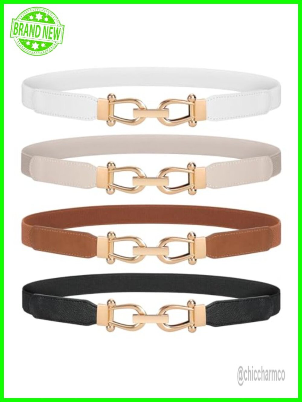 Stretchy Elastic Waist Belt 4 Pack Gold Buckle Skinny Leather Women's Accessory